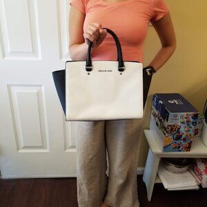 Michael Kors Selma Saffiano Leather Satchel in Black and White